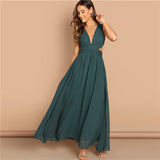 Green Plunge Neck Crisscross Dress