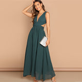 Green Plunge Neck Crisscross Dress