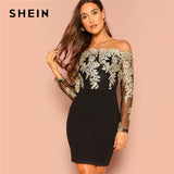 Off the Shoulder Embroidered Mesh Sleeved Bodycon Dress