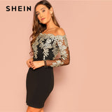 Off the Shoulder Embroidered Mesh Sleeved Bodycon Dress