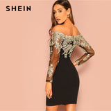 Off the Shoulder Embroidered Mesh Sleeved Bodycon Dress