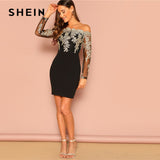 Off the Shoulder Embroidered Mesh Sleeved Bodycon Dress